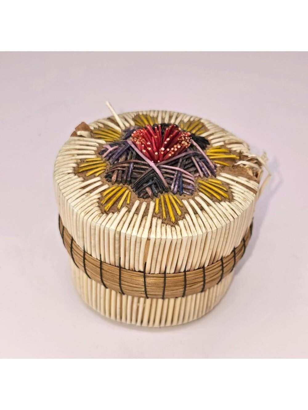Vintage Native American Porcupine Quill Basket Handwoven Colorful BA213i